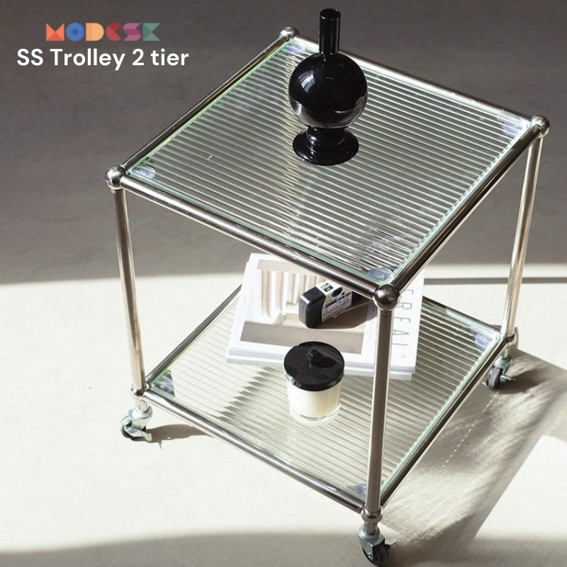 Kệ đầu giường, sofa, đựng mỹ phẩm Modesk SS Trolley 2 tier inox 304, kính cường lực, khung thép không gỉ [phòng khách, phòng ngủ] ([VT] Mặt kính [Mặt trên]: Kính cường lực 5mm trắng (viền xanh lá), [VT] Mặt ván MFC An Cường 18mm [Mặt trên]: Trắng Trơn [101SH-Smooth white])