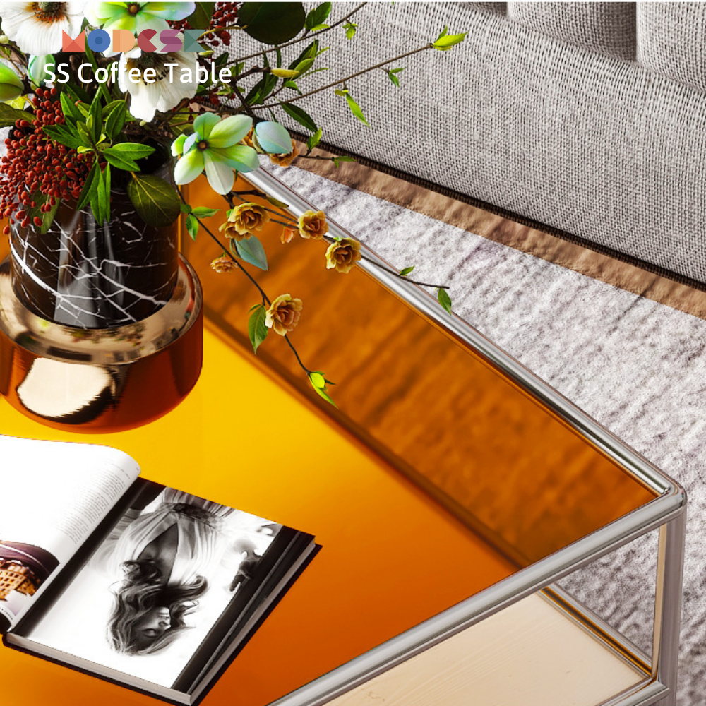 Bàn Sofa 2 tầng vuông Modesk SS Coffee Table D600 x R600 x C450 mm [khung inox, ván, kính]