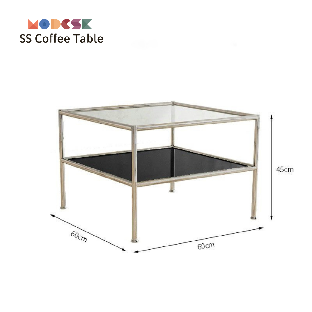 Bàn Sofa 2 tầng vuông Modesk SS Coffee Table D600 x R600 x C450 mm [khung inox, ván, kính]