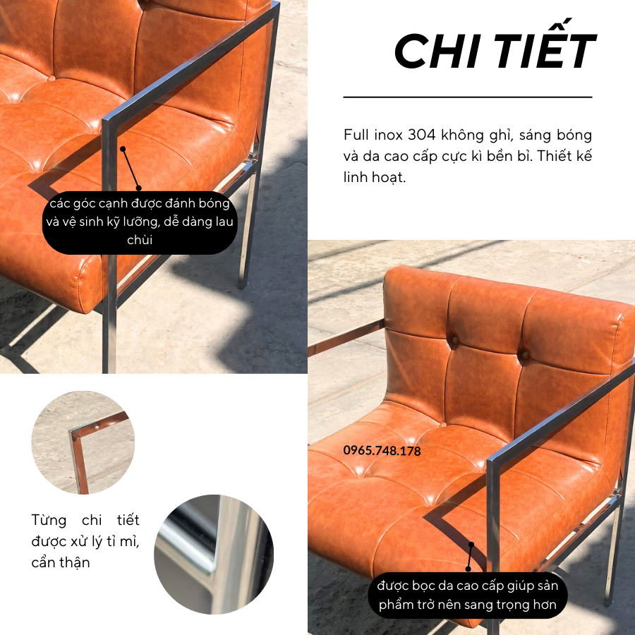 Ghế làm việc, quán cafe, đọc sách thư giãn Modesk  SS Earl Arm Chair inox 304 – da simili quán cà phê - phòng khách - phòng làm việc