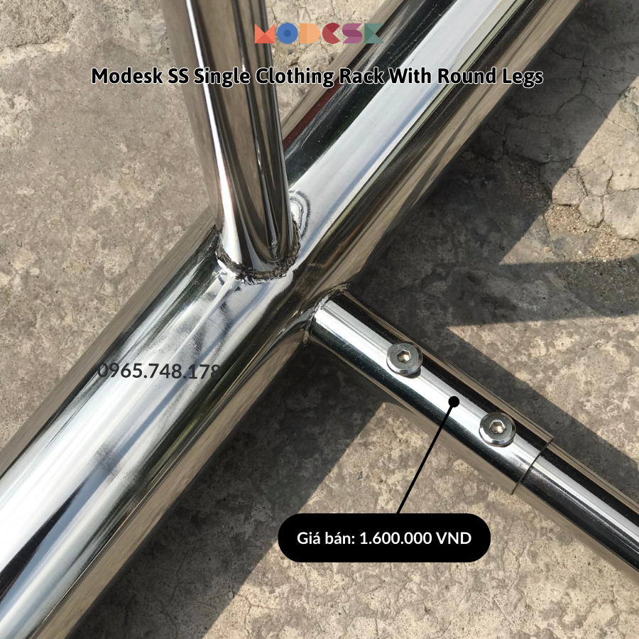 MODESK SS Single Clothing Rack With Round Legs/Sào đơn chân tròn đầu tròn D1300xR400xC1500mm [Màu Inox nguyên bản]