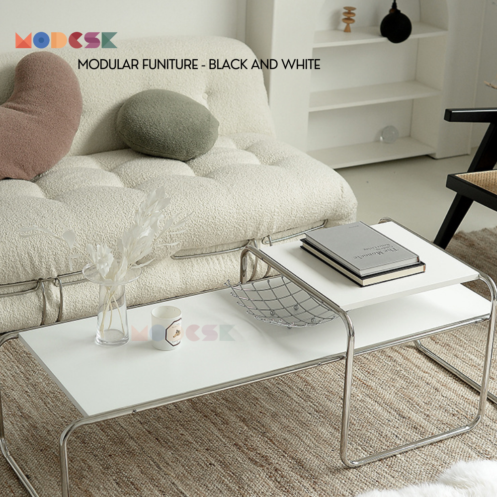 Bộ đôi Bàn Sofa Modesk SS Long Table black and white D1370 x R560 x C460 mm [Khung Inox]
