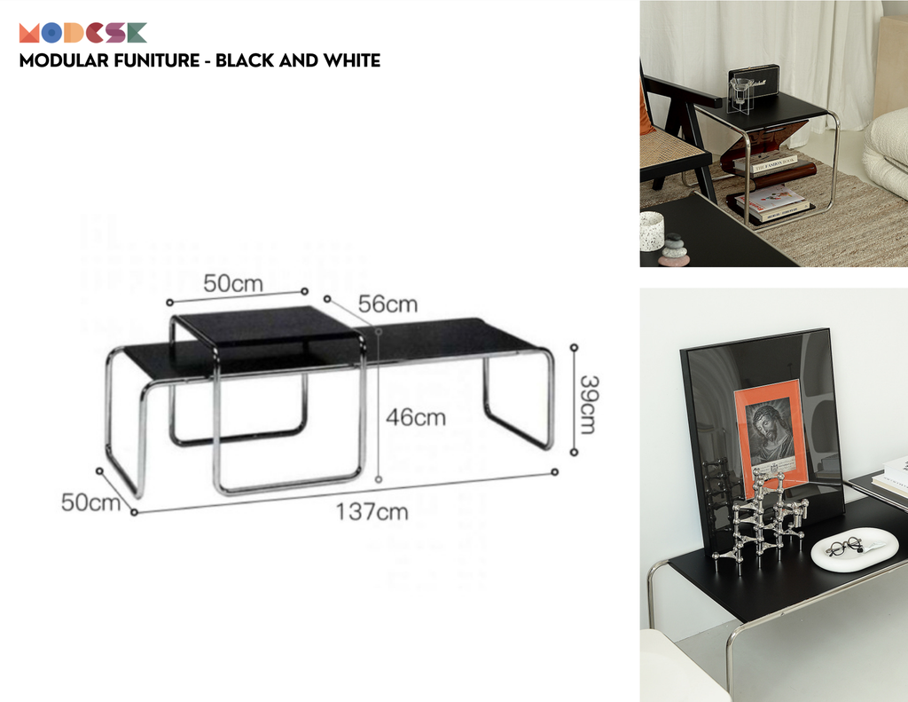 Bộ đôi Bàn Sofa Modesk SS Long Table black and white D1370 x R560 x C460 mm [Khung Inox]