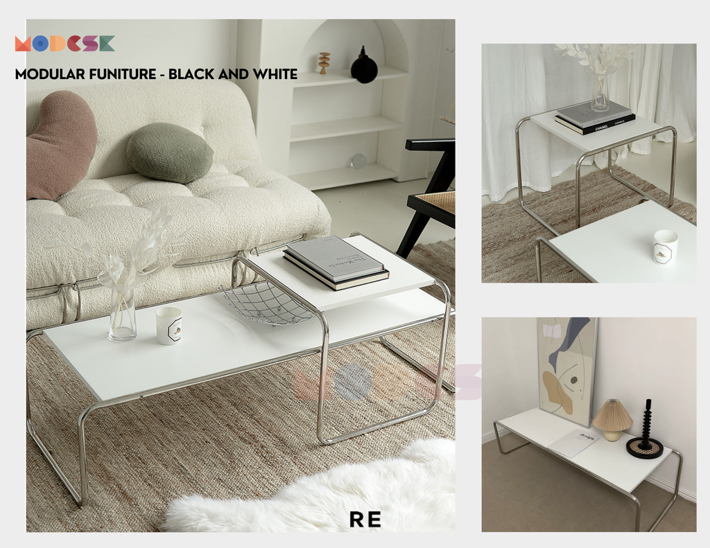 Bộ đôi Bàn Sofa Modesk SS Long Table black and white D1370 x R560 x C460 mm [Khung Inox]