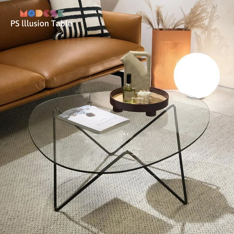 Modesk PS Illusion Table/ Bàn trà sofa hình oval  D1000xR700xC420mm [Khung sắt mặt kính] ([VT] Mặt kính [Mặt trên]: Kính cường lực 5mm trắng (viền xanh lá))
