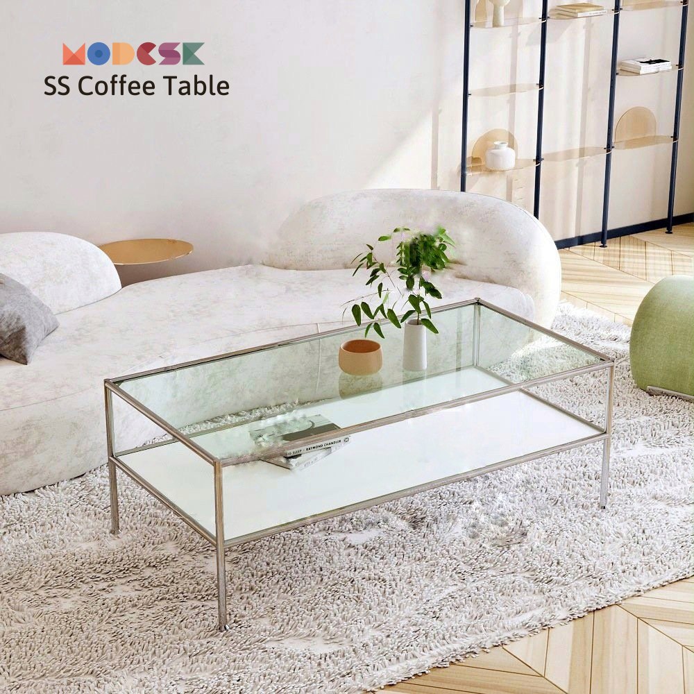 Modesk SS Coffee Table/Bàn Sofa 2 tầng chữ nhật  D1200xR600xC450mm [khung inox, ván, kính] ([VT] Mặt ván MFC An Cường 18mm [Mặt trên]: Trắng Trơn [101SH-Smooth white])