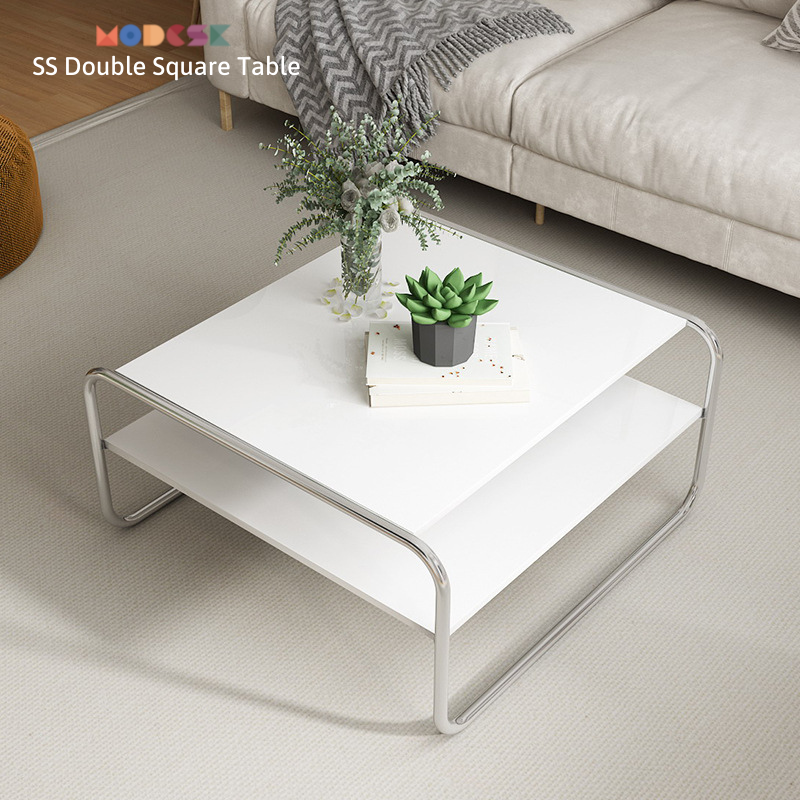 Bàn sofa, bàn trà đôi hình vuông Modesk SS Double Square Table khung inox 304 – kính cường - ván MFC an cường - phòng khách, quán cà phê (Màu kính: Trắng Trơn [101SH-Smooth white])
