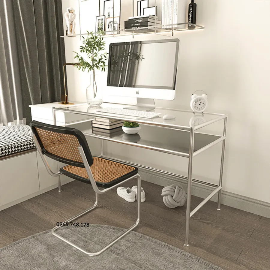 [MSSSTA0014] Bàn làm việc, tủ trưng bày sản phẩm đa năng Modesk SS Two Tier Table -Inox 304 - kính cường lực - ván MFC An Cường.