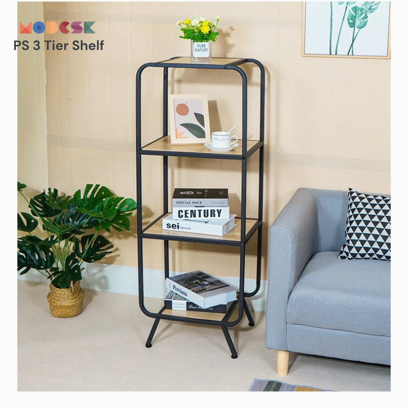 Kệ sofa, kệ sách Modesk PS 3 Tier Shelf sắt sơn tĩnh điện, ván MFC An Cường [phòng ngủ, khách] (Màu kính cường lực: Kính cường lực 5mm trắng (viền xanh lá))