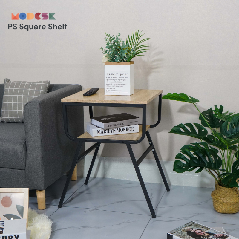 Kệ sofa cao hình vuông Modesk PS Square Shelf sắt sơn tĩnh điện, ván MFC An Cường [Phòng khách, phòng ngủ] (Màu kính cường lực: Kính cường lực 5mm trắng (viền xanh lá))