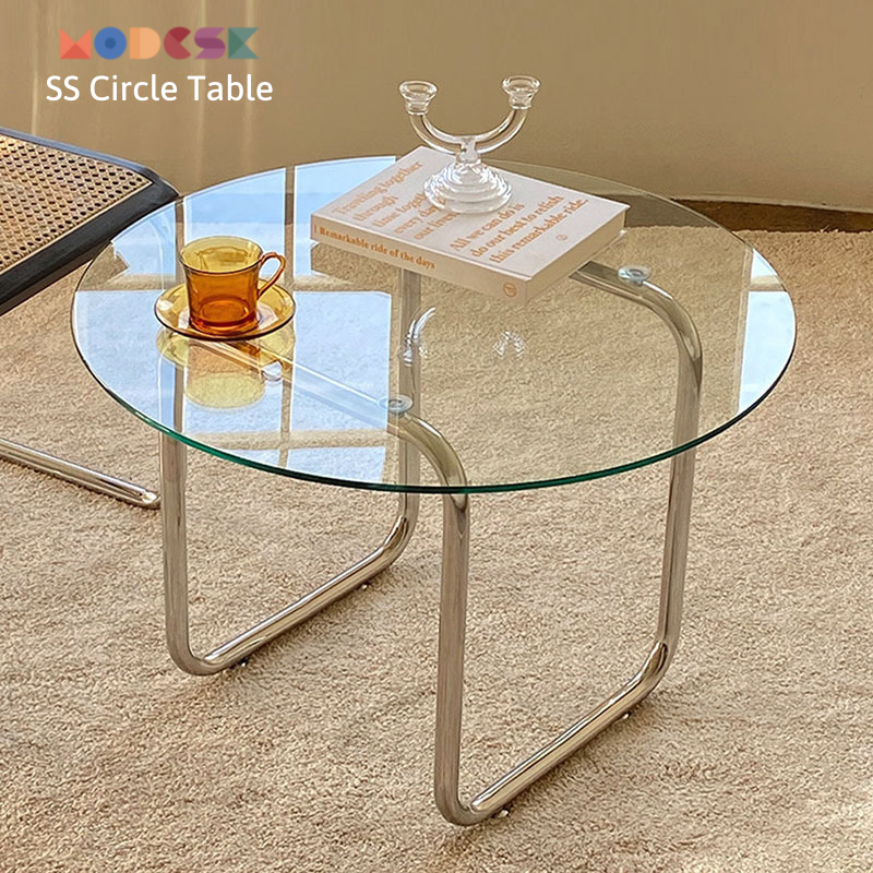 Modesk SS Circle Table/ Bàn sofa-Bàn tròn decor (Kích thước: 600x600, [VT] Mặt kính [Mặt trên]: Kính cường lực 5mm trắng (viền xanh lá))