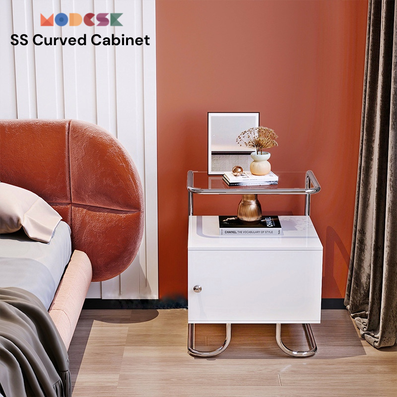 Modesk SS Curved Cabinet – Kệ đầu giường, kệ sofa có hộc tủ. ([VT] Màu kính [mặt]: Kính cường lực 5mm trắng (viền xanh lá))