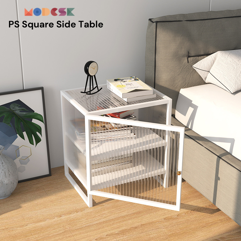 Modesk PS Square Side Cabinet/Kệ đầu giường, kệ sofa ([VT] Mặt kính [Mặt trên]: Kính cường lực 5mm trắng (viền xanh lá))