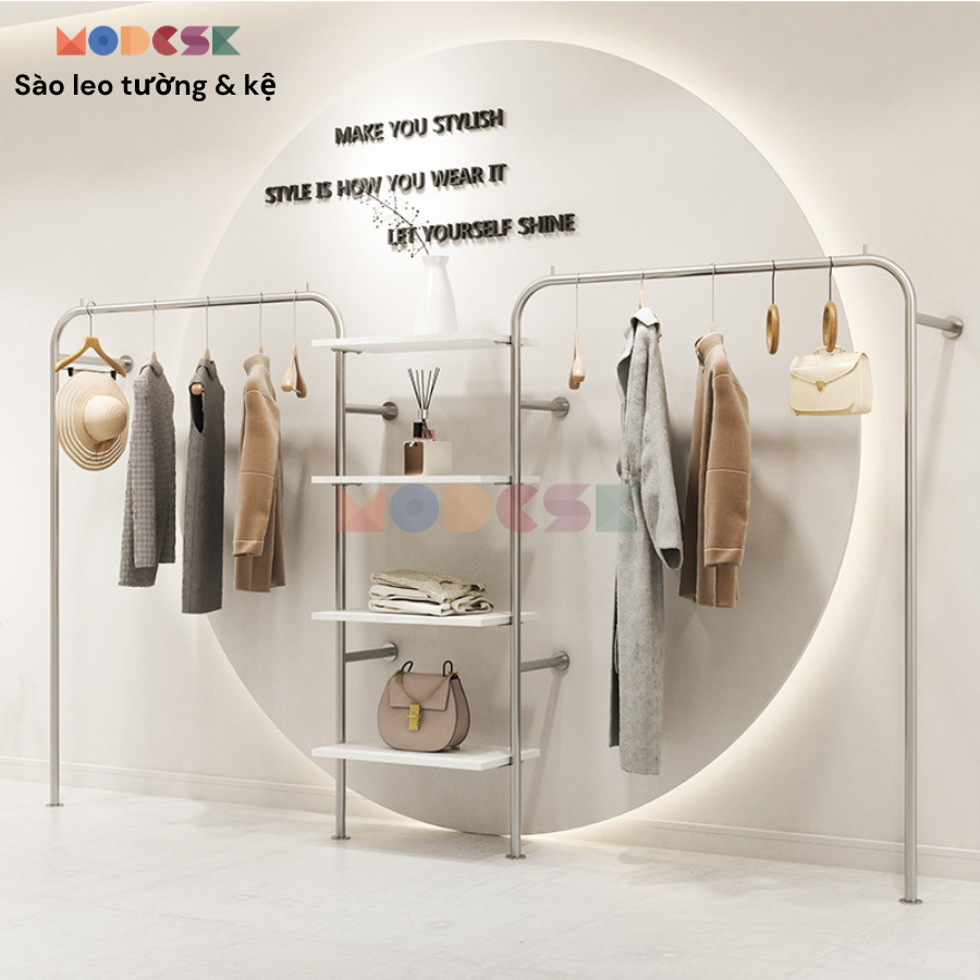 Sào treo quần áo kết hợp kệ trưng bày Modesk - inox 304 - Ván MFC An Cường