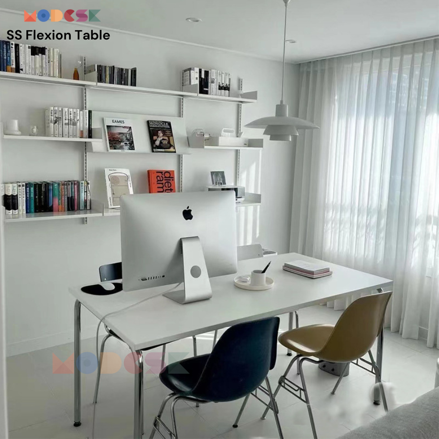 Bàn làm việc, tủ trưng bày sản phẩm đa năng Modesk SS Two Tier Table -Inox 304 - kính cường lực - ván MFC An Cường. (Màu kính: Trắng Trơn [101SH-Smooth white], Màu kính cường lực: Kính cường lực 5mm trắng (viền xanh lá))