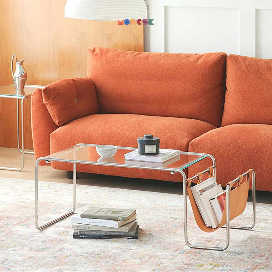 Modesk SS Long Table Glass Light/Bộ đôi Bàn Sofa D1080xR510xC520 mm [Khung Inox 304] ([VT] Mặt kính [Mặt trên]: Kính cường lực 5mm trắng (viền xanh lá), Màu da PU: Da PU 001 đen - vân)