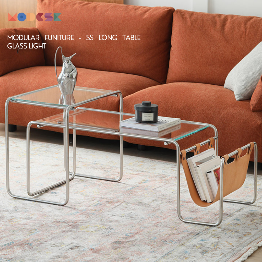 Bộ đôi bàn Sofa, bàn trà Modesk SS Long Table Glass light D1080 x R510 x C520 mm [Khung Inox 304 - kính cường lực]