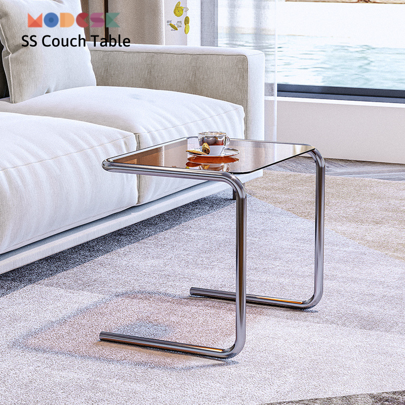 Bàn trà, kệ sofa Modesk SS Couch Cao 46 cm Table inox 304 – Kính cường lực bàn tiện lợi. ([GC] màu Inox 304 Mạ PVD [theo m3] [Khung]: None, Màu kính cường lực: Kính cường lực 5mm trắng (viền xanh lá))