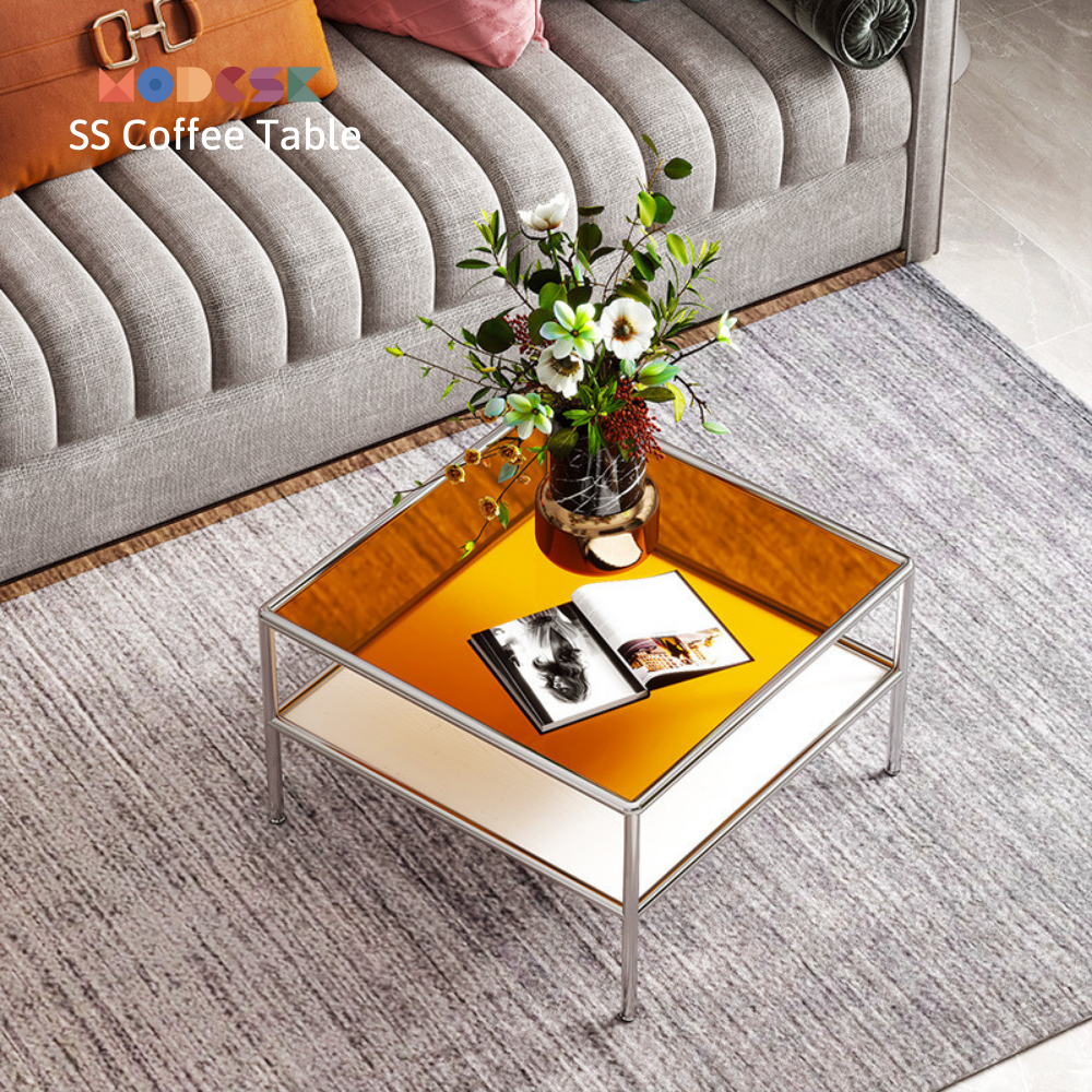 Bàn Sofa, bàn trà 2 tầng vuông Modesk SS Coffee Table D600 x R600 x C450 mm [khung inox, ván gỗ MFC An Cường, kính cường lực]