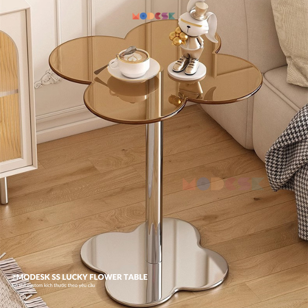 Modesk SS Lucky Flower Table/ D475 x R475 x C520mm ([VT] Màu kính [mặt]: Kính cường lực 5mm trắng (viền xanh lá))