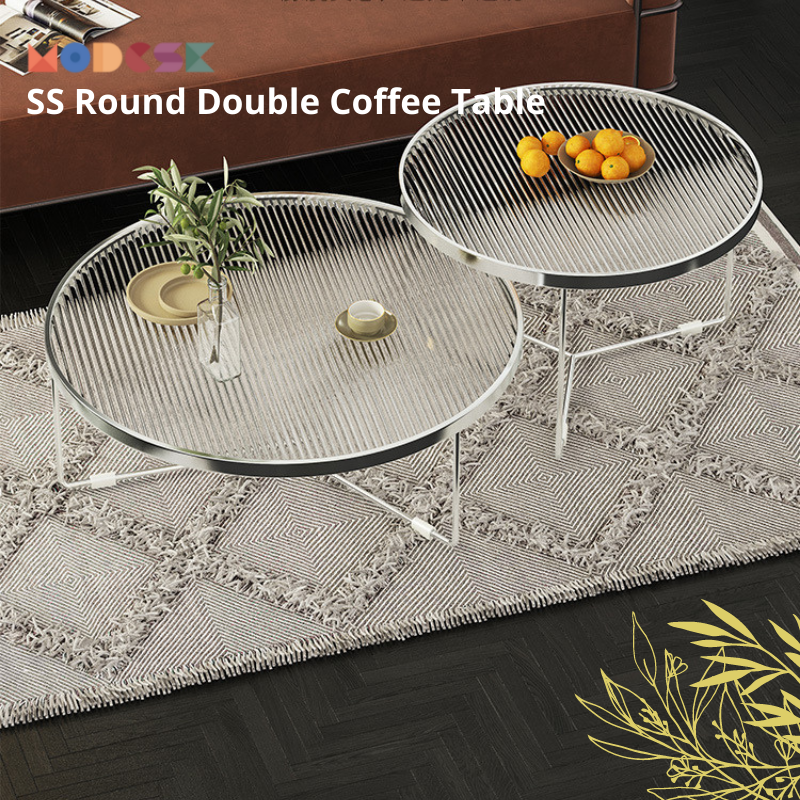 Bàn sofa, bàn trà tròn đôi Modesk SS Round Double Coffee Table khung inox 304 - kính cường lực sọc -trơn[phòng khách - quán cafe]