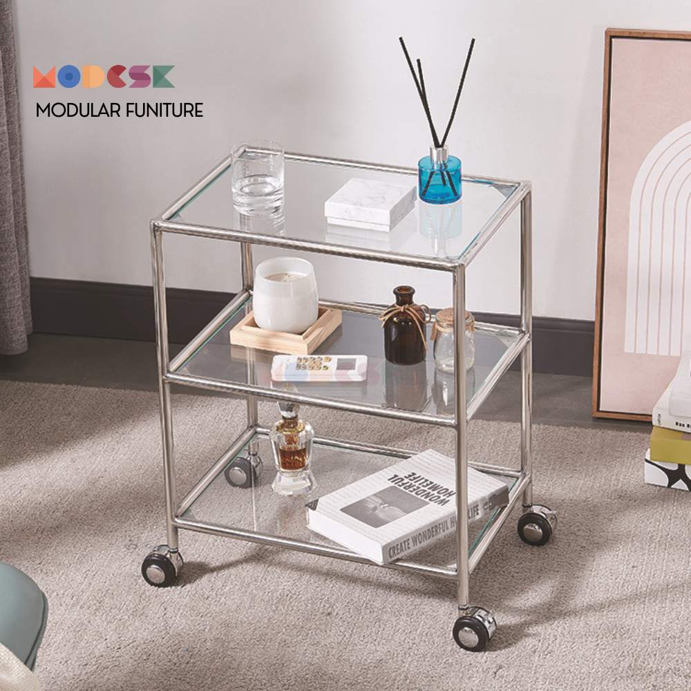 Kệ sofa - đựng mỹ phẩm Modesk SS Sofa Trolley Glass Light khung inox - kính cường lực - bánh xe [phòng khách - cafe]