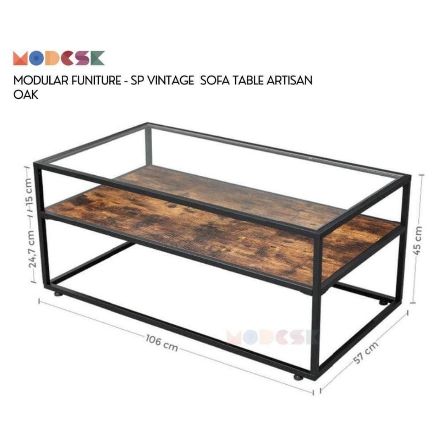 Bàn sofa dài, bàn trà dài MODESK SP Vintage Sofa Table Artisan Oak Khung Sắt Sơn Tĩnh Điện - Ván Gỗ MFC Kính Cường Lực