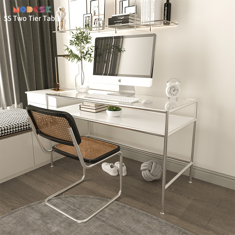 Bàn làm việc, tủ trưng bày sản phẩm đa năng Modesk SS Two Tier Table -Inox 304 - kính cường lực - ván MFC An Cường.