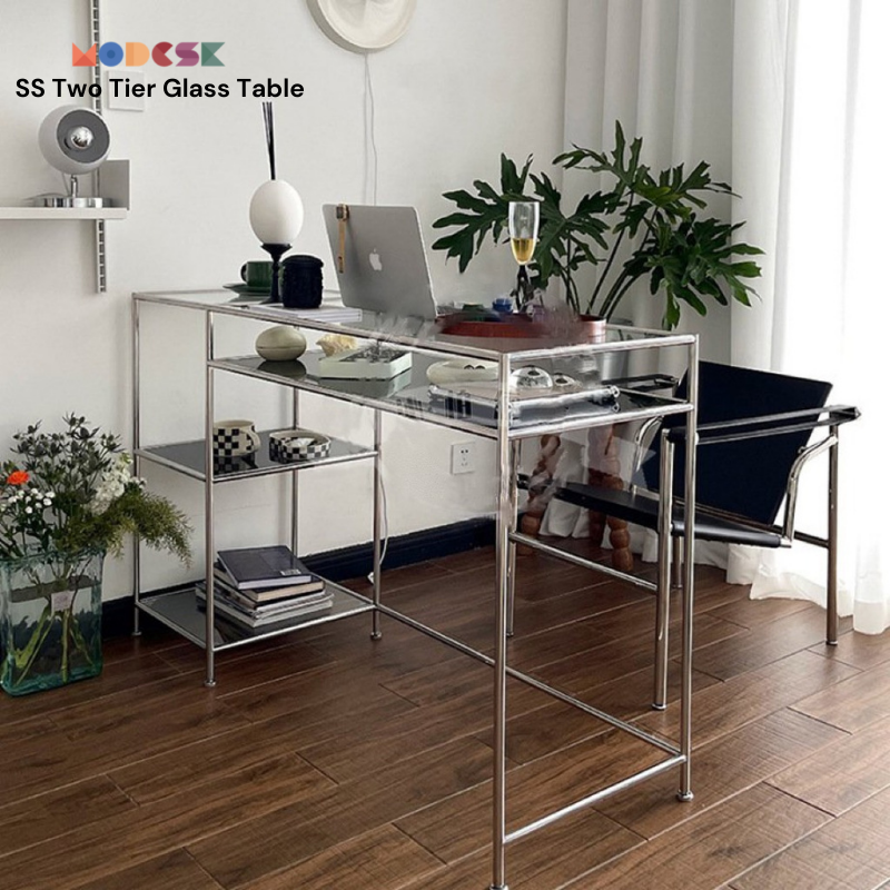 Bàn làm việc, tủ trưng bày sản phẩm đa năng Modesk SS Two Tier Table -Inox 304 - kính cường lực - ván MFC An Cường.