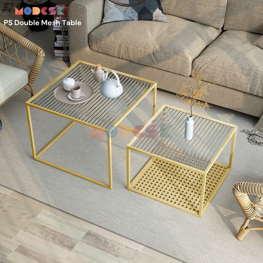 Bàn sofa, bàn trà tròn đôi hình vuông Modesk PS Double Mesh Table khung sắt sơn tĩnh điện - kính cường lực sọc  [phòng khách - quán cafe]